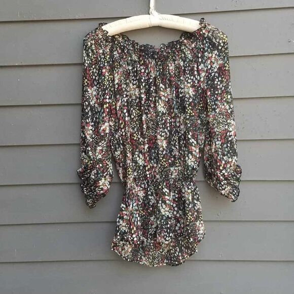 Romy Sheer Black Floral Peasant Top size Medium - Picture 1 of 8
